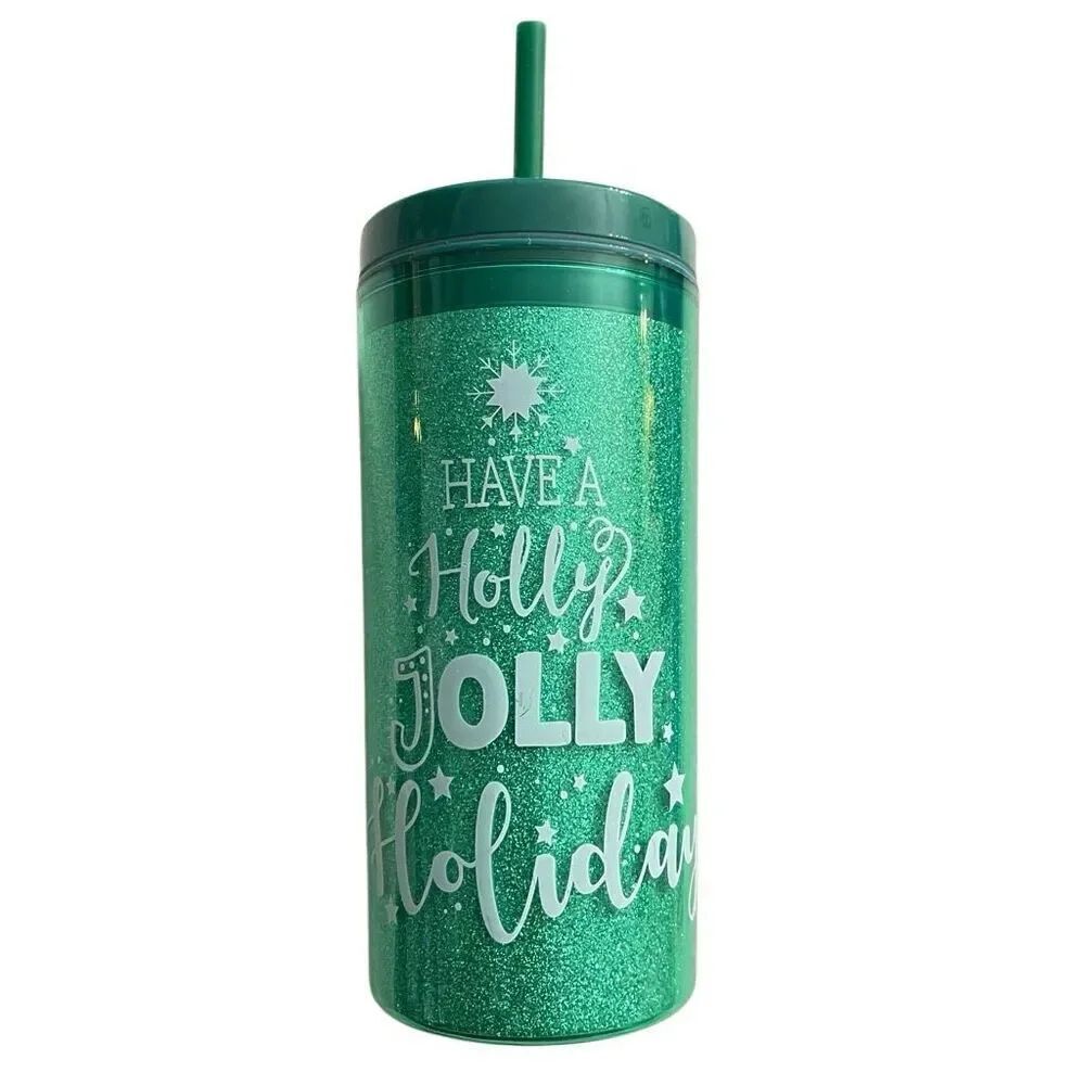“Have A Holly Jolly Holiday” Green 16oz Double Wall Holiday Tumbler with Straw
